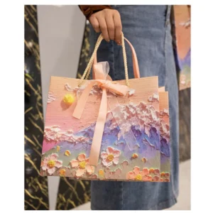 ถุงกระดาษสวย ลายภาพวาดสีน้ำมันภูเขาฟุจิ ถุงของขวัญ ถุงกระดาษมีหูหิ้ว+ริบบิ้น สวย หรู