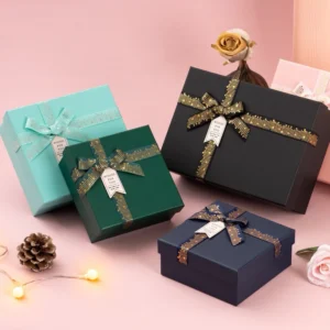 กล่องของขวัญโบว์ทอง + ถุง กล่องสำเร็จรูป ทรงสี่เหลี่ยมผืนผ้า ของขวัญ กล่องใส่เสื้อ กล่องใส่ของขวัญ